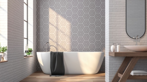 Vintage bathroom 3d rendering image,There are wood floor,white brick and gray tile wall ,Decorate with wooden basin table,The room has large windows. Sunlight shining into the room.