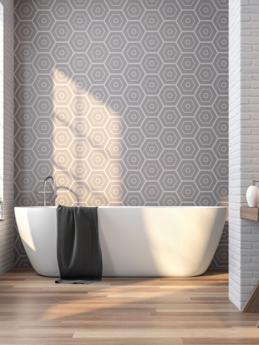 Vintage bathroom 3d rendering image,There are wood floor,white brick and gray tile wall ,Decorate with wooden basin table,The room has large windows. Sunlight shining into the room.